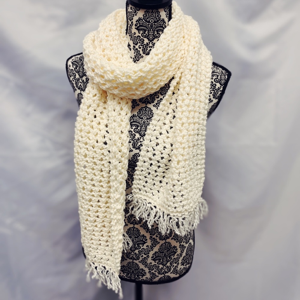 Handmade hand knit scarf - bright cream